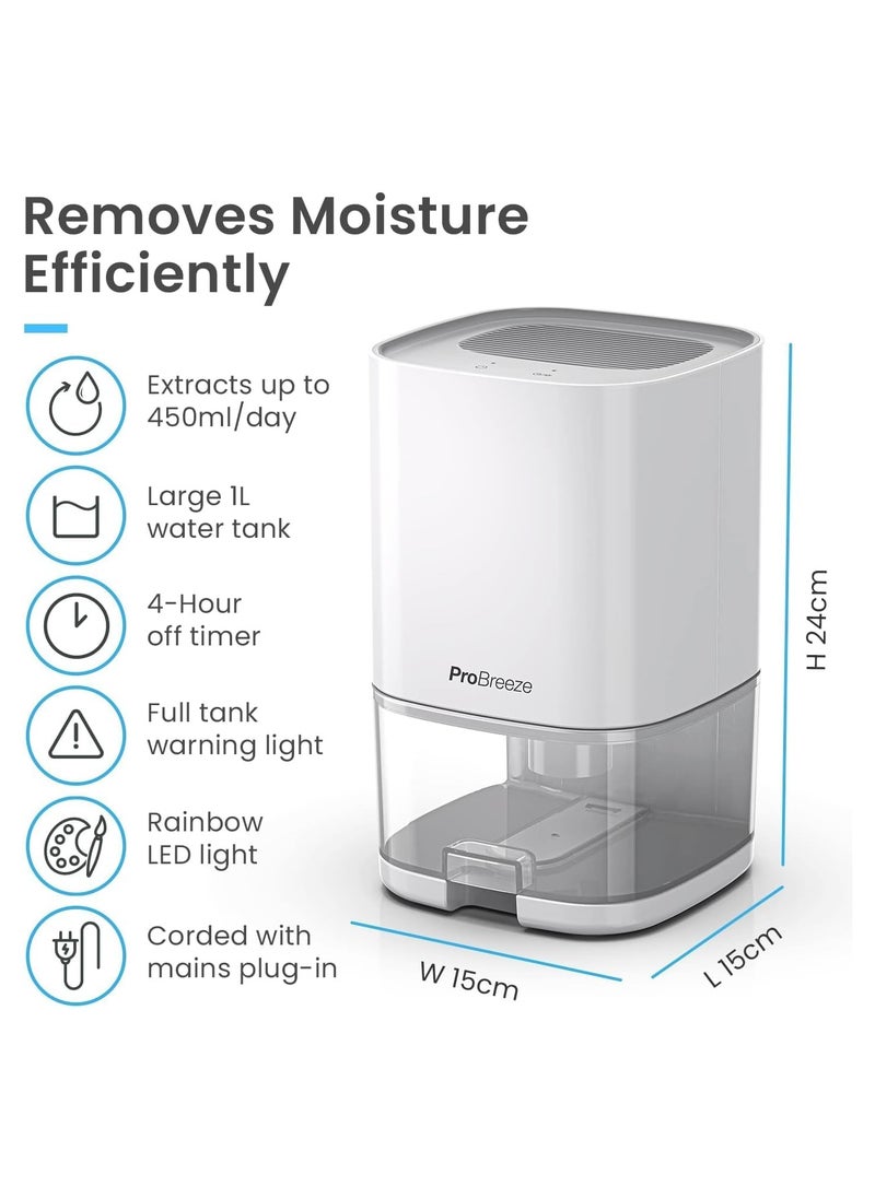 Pro Breeze - Pro Breeze 1000ml Dehumidifier with 4-Hour Timer, Auto Shut-Off, LED Light, Portable Mini Air Dehumidifier for Damp, Mould and Moisture in Kitchen, Bedroom, Bathroom, Caravan, Garage, Basement - Image 1