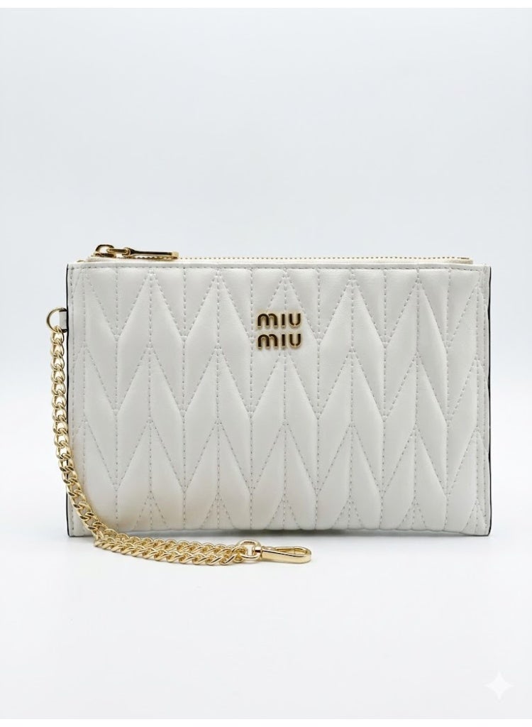 MIU MIU Women’s White Quilted Leather Zip Pouch Wallet – Luxury Wristlet Clutch with Gold Chain