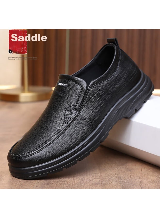 Anglerfish Ankang Spring And Autumn Old Beijing Cloth Shoes For Men, Breathable Business Casual Soft-soled Faux Leather Shoes Dad Shoes A5038 Black Size 43 - Image 1