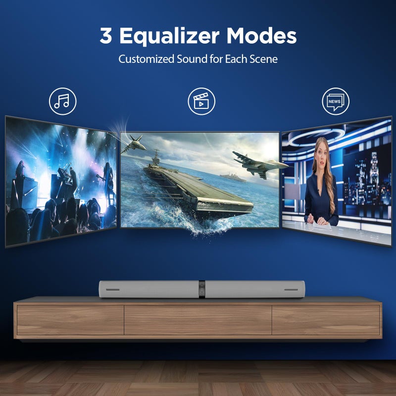 Assistrust Sound Bar for Smart TV, 90W Soundbar with Bluetooth 5.3/ARC/Optical/AUX Connect, Auto Volume Boost, 3 Customizable Equalizer Modes, 2 in 1 Detachable Soundbar for TV/PC/Gaming/Projectors - Image 4