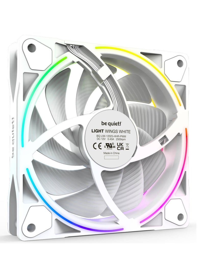Be Quiet Light Wings 120mm PWM High-Speed White Triple Pack, 2500 RPM, 31 dB(A), 52.3 CFM Airflow, 2.6 mmH₂O Static Pressure, ARGB Dual-Ring Lighting with 18 LEDs, Rifle Bearing, 4-Pin PWM + 5V 3-Pin ARGB, Includes ARGB Hub | BL101 - Image 3