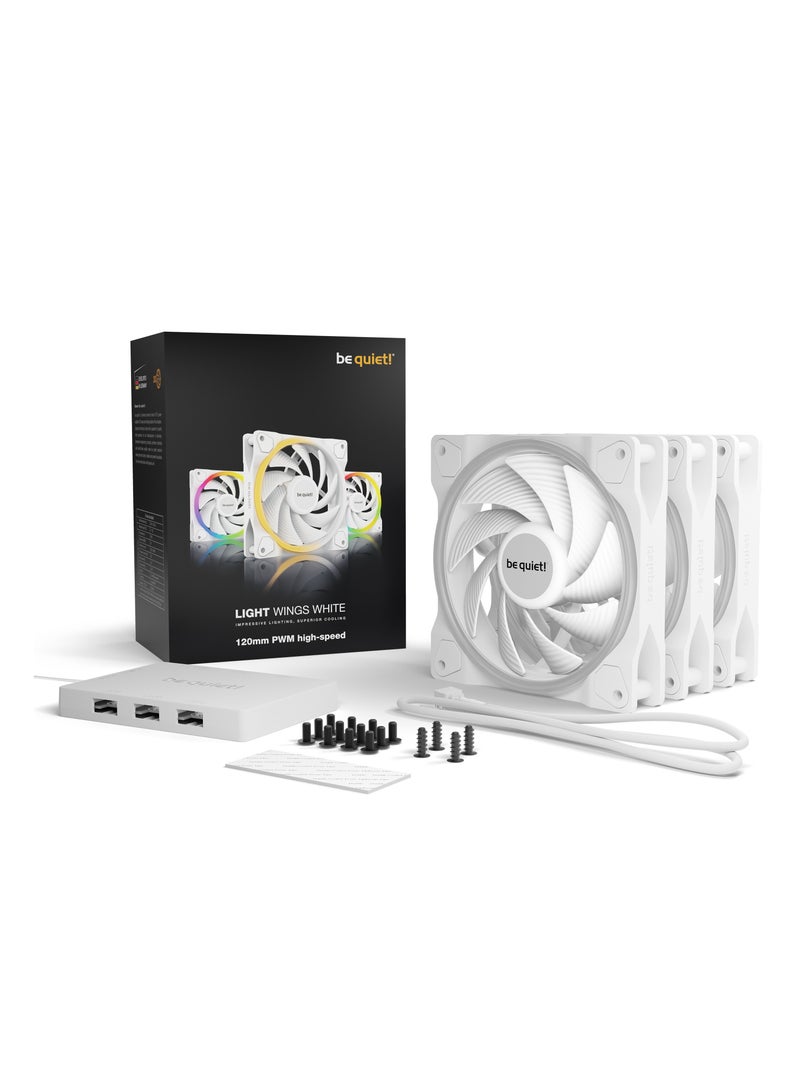 Be Quiet Light Wings 120mm PWM High-Speed White Triple Pack, 2500 RPM, 31 dB(A), 52.3 CFM Airflow, 2.6 mmH₂O Static Pressure, ARGB Dual-Ring Lighting with 18 LEDs, Rifle Bearing, 4-Pin PWM + 5V 3-Pin ARGB, Includes ARGB Hub | BL101 - Image 2