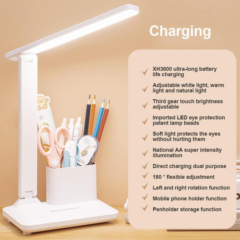 Lavnik LED Desk Lamp with Pen Phone Holder USB Rechargeable Reading Light with 3 Color Modes for Home Office Dorm White Stepless Dimming Desk Lamp Eye Caring Small Study Lamp for Dorm Bedroom - Image 5