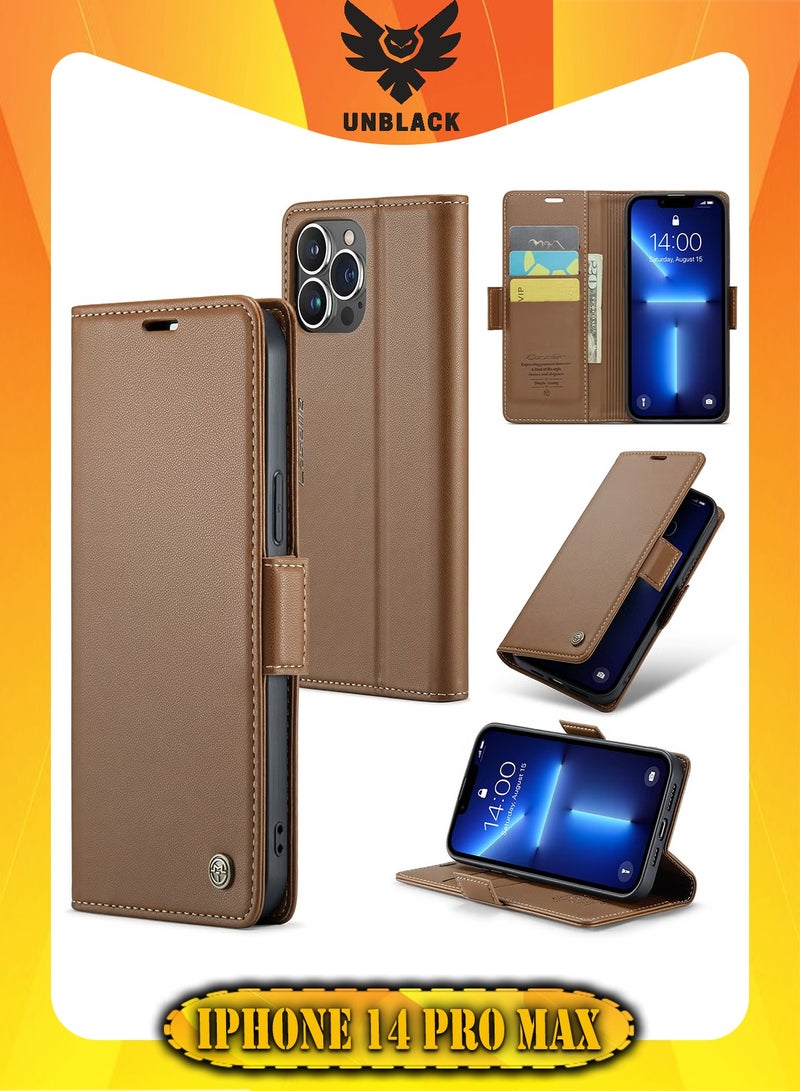 CaseMe Flip Wallet Case For Apple iPhone 14 Pro Max, [RFID Blocking] PU Leather Wallet Flip Folio Case with Card Holder Kickstand Shockproof Phone Cover (Brown) - Image 1