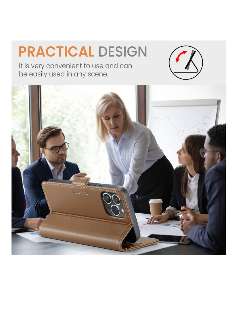 CaseMe Flip Wallet Case For Apple iPhone 14 Pro Max, [RFID Blocking] PU Leather Wallet Flip Folio Case with Card Holder Kickstand Shockproof Phone Cover (Brown) - Image 5