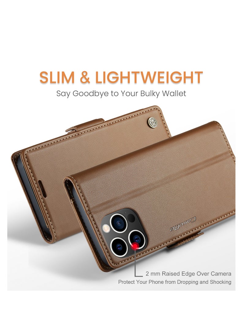 CaseMe Flip Wallet Case For Apple iPhone 14 Pro Max, [RFID Blocking] PU Leather Wallet Flip Folio Case with Card Holder Kickstand Shockproof Phone Cover (Brown) - Image 4