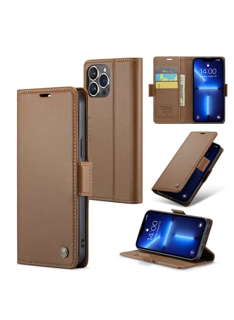 CaseMe Flip Wallet Case For Apple iPhone 14 Pro Max, [RFID Blocking] PU Leather Wallet Flip Folio Case with Card Holder Kickstand Shockproof Phone Cover (Brown) - Image 2