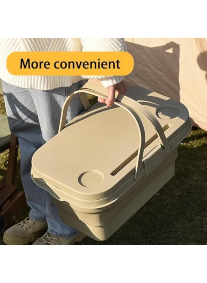 Arabest سلة نزهة قابلة للطي مع صينية، صندوق تخزين محمول مع غطاء، دلو متعدد الاستخدامات، للتخييم في الهواء الطلق والشواء وصيد السمك والنزهات، تصميم قابل للطي مدمج (أبيض حليبي) - Image 5