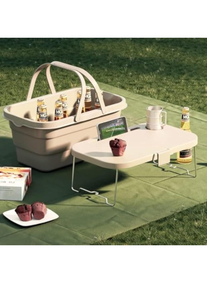 Arabest سلة نزهة قابلة للطي مع صينية، صندوق تخزين محمول مع غطاء، دلو متعدد الاستخدامات، للتخييم في الهواء الطلق والشواء وصيد السمك والنزهات، تصميم قابل للطي مدمج (أبيض حليبي) - Image 1