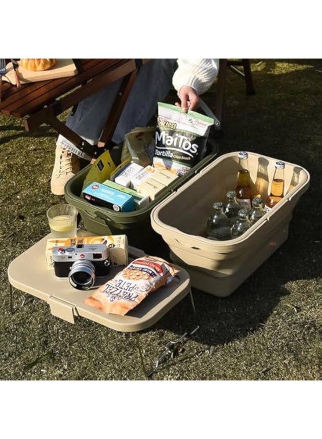 Arabest سلة نزهة قابلة للطي مع صينية، صندوق تخزين محمول مع غطاء، دلو متعدد الاستخدامات، للتخييم في الهواء الطلق والشواء وصيد السمك والنزهات، تصميم قابل للطي مدمج (أبيض حليبي) - Image 3