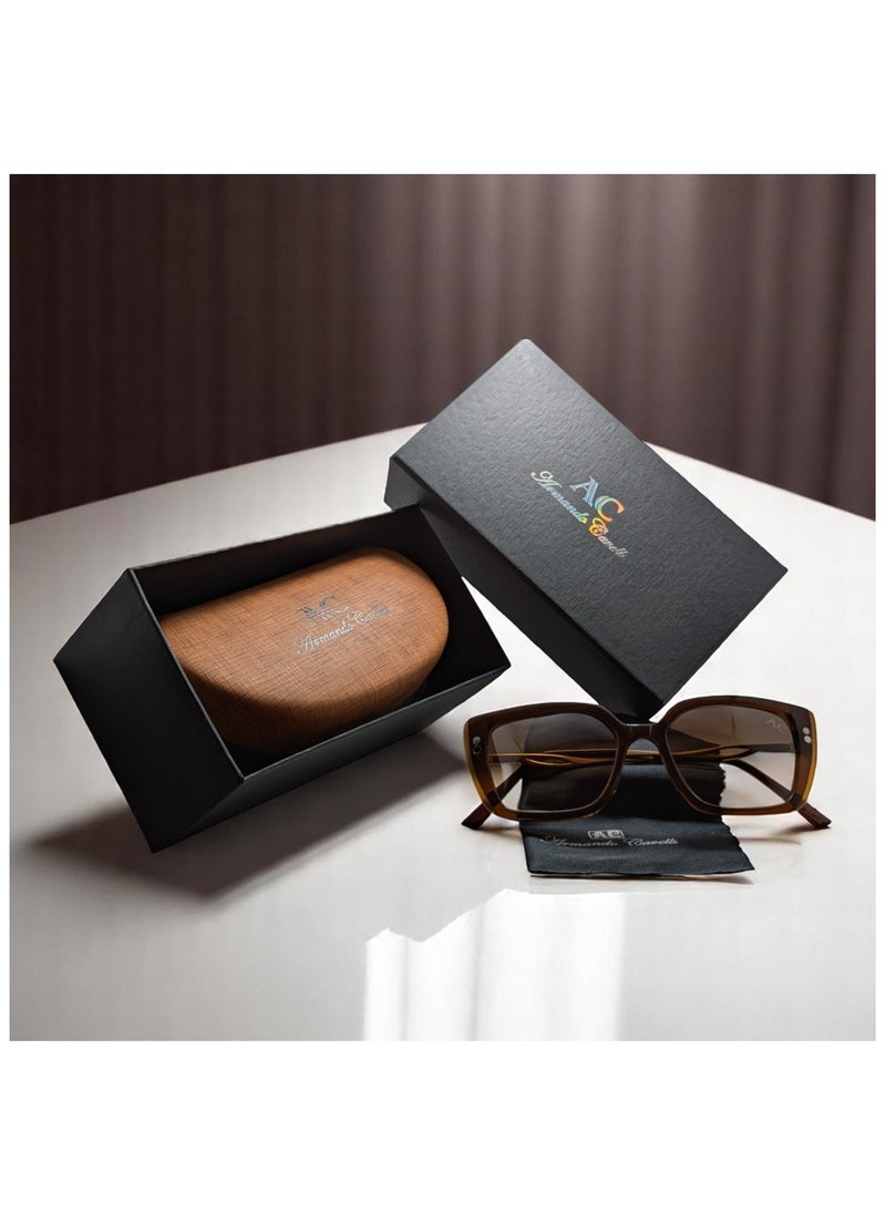Armando Cavelli - Authentic Armando Cavelli sunglasses, crafted from carefully selected premium acetate for a luxurious look and longevity with extensive use. This model combines modernity and classic style, with a raw brown acetate front and brown -plated metal temples to complete your luxury look. Comes with premium polymer lenses offer UV400 protection in a gradient brown. - Image 1