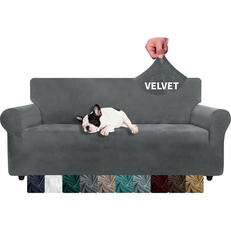 XINEAGE 1 Piece Velvet Couch Covers for 3 Cushion Couch Living Room High Stretch Sofa Cover Pets Dogs Friendly Anti Slip Thickened Slipcovers Furniture Protector 3 Seater Grey