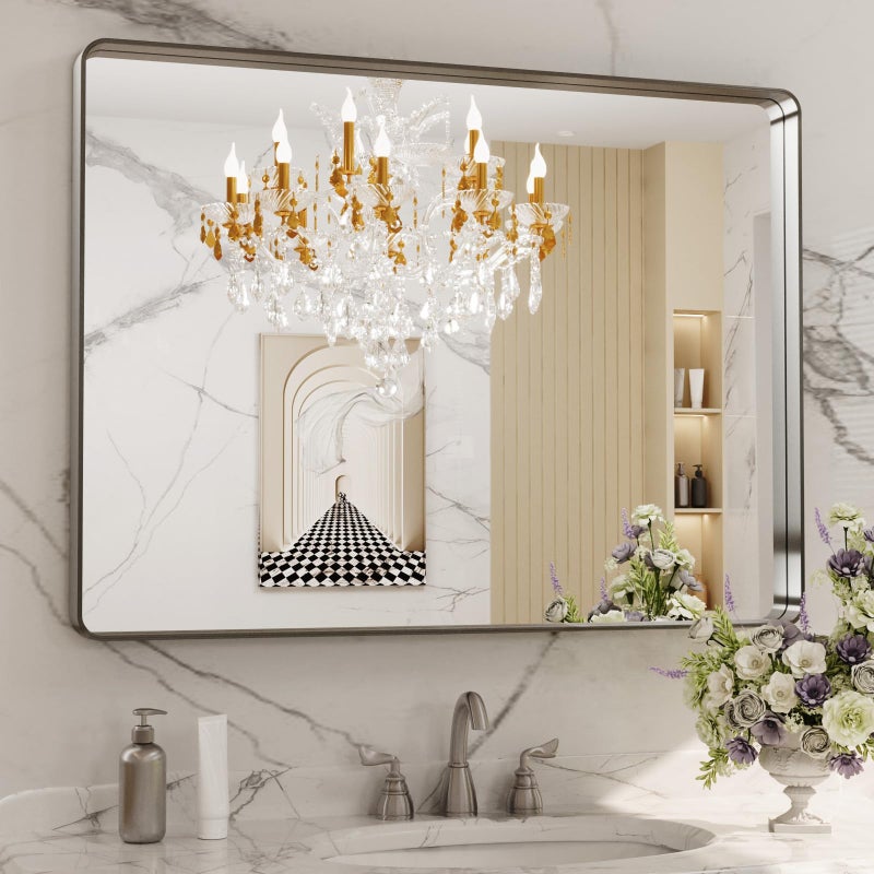 LOAAO 40X32 Inch Brushed Nickel Bathroom Mirror Rounded Rectangle Silver Metal Frame Mirror Brushed Nickel AntiRust Shatter Proof Hangs Horizontally or Vertically