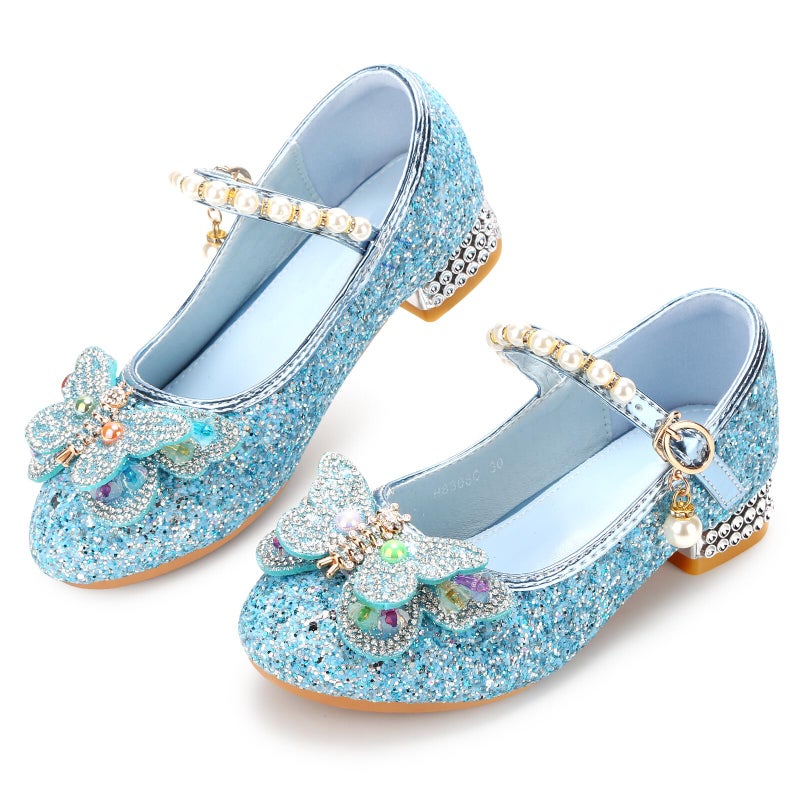 Qimaoo Girls Dress Shoes Mary Jane Princess Shoes Girls' Flats Glitter Low Heels Flower Wedding Party Footwear - 11 Little Kid (738 Blue) - Image 1