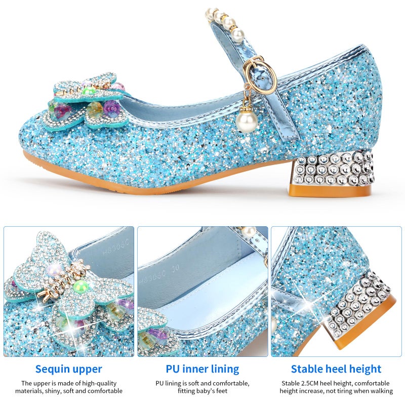 Qimaoo Girls Dress Shoes Mary Jane Princess Shoes Girls' Flats Glitter Low Heels Flower Wedding Party Footwear - 11 Little Kid (738 Blue) - Image 2