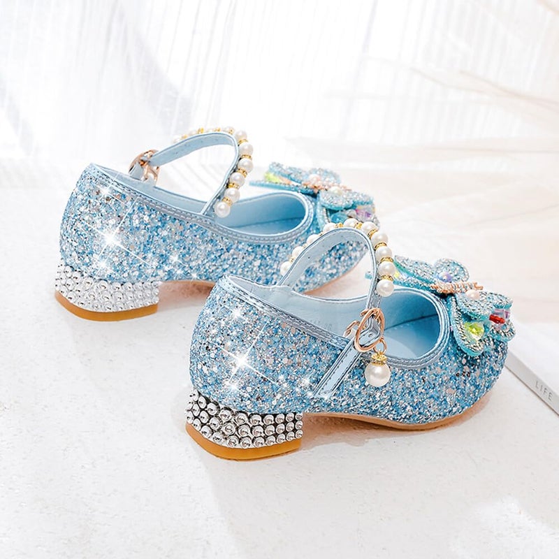 Qimaoo Girls Dress Shoes Mary Jane Princess Shoes Girls' Flats Glitter Low Heels Flower Wedding Party Footwear - 11 Little Kid (738 Blue) - Image 5