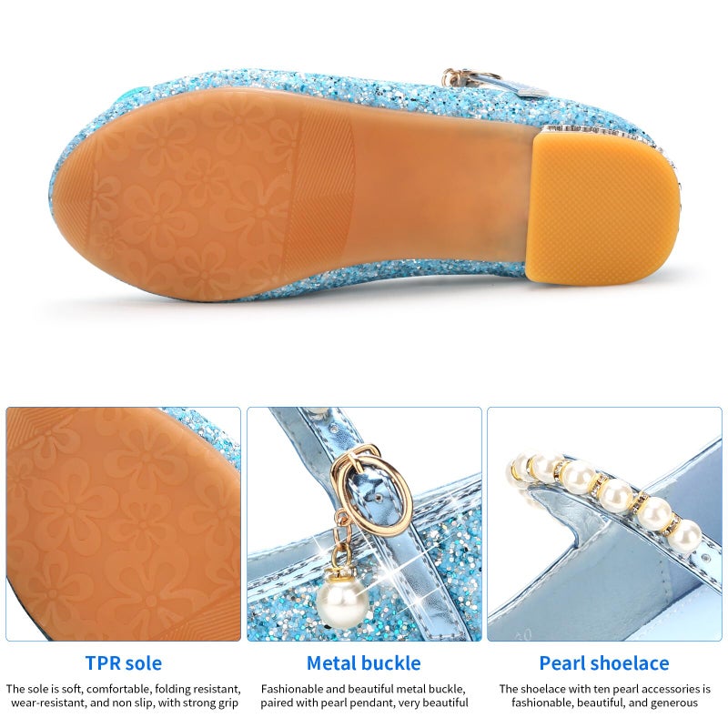 Qimaoo Girls Dress Shoes Mary Jane Princess Shoes Girls' Flats Glitter Low Heels Flower Wedding Party Footwear - 11 Little Kid (738 Blue) - Image 3