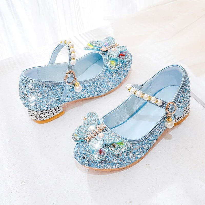 Qimaoo Girls Dress Shoes Mary Jane Princess Shoes Girls' Flats Glitter Low Heels Flower Wedding Party Footwear - 11 Little Kid (738 Blue) - Image 4