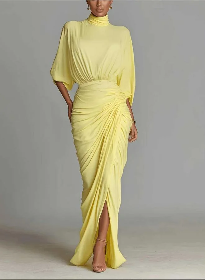 Take Two Yellow Maxi Dress with 3/4 Sleeves - Bodycon Ruched Design for Daytime