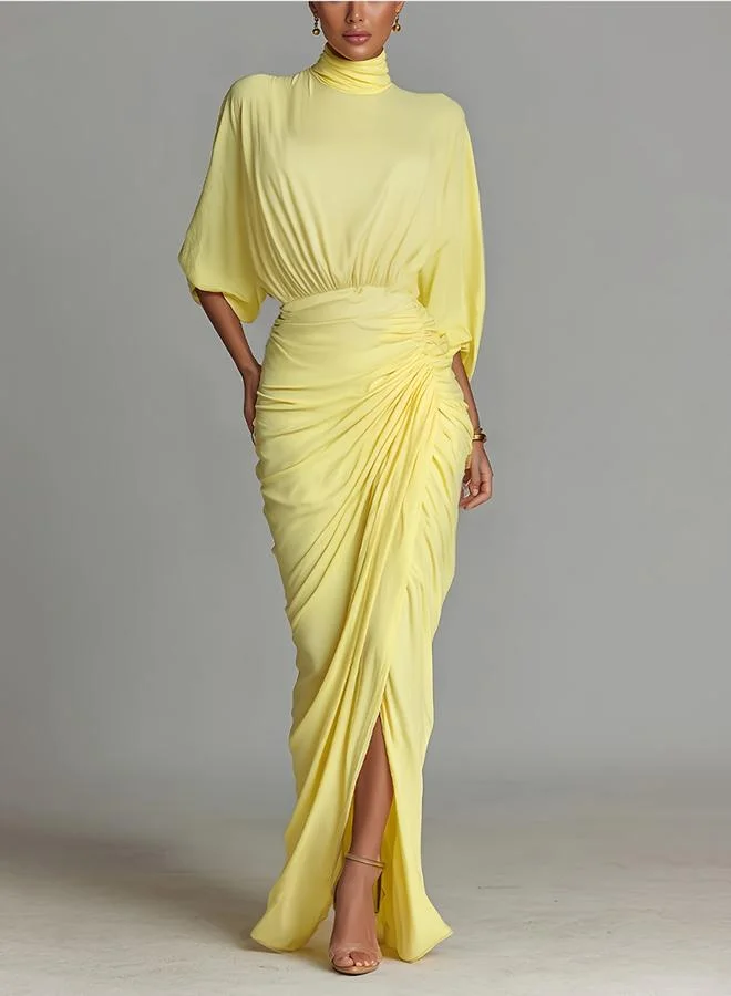 Take Two Yellow Maxi Dress with 3/4 Sleeves - Bodycon Ruched Design for Daytime