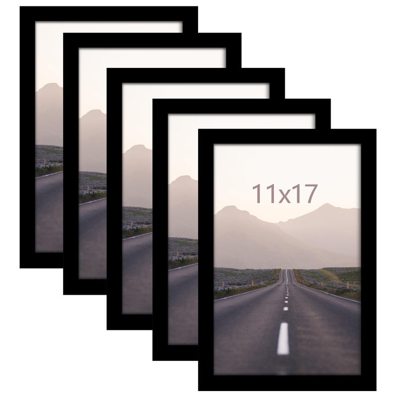 Fisnish 11x17 Picture Frame Set of 5 Black Poster Frame for Horizontal or Vertical Wall Mounting