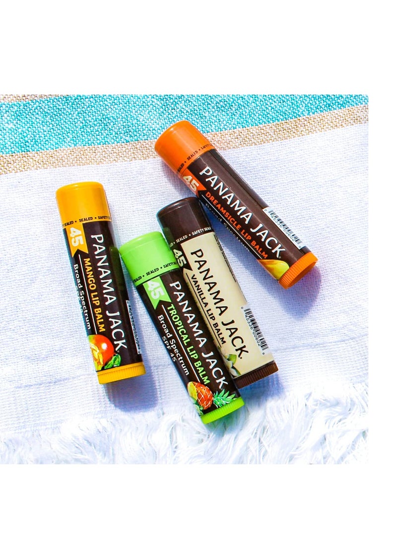 Panama Jack Sunscreen Lip Balm - SPF 45, Flavor Pack, Broad Spectrum UVA-UVB Sunscreen Protection, Prevents & Soothes Dry, Chapped Lips (Dreamsicle/Vanilla/Tropical/Mango) - Image 2