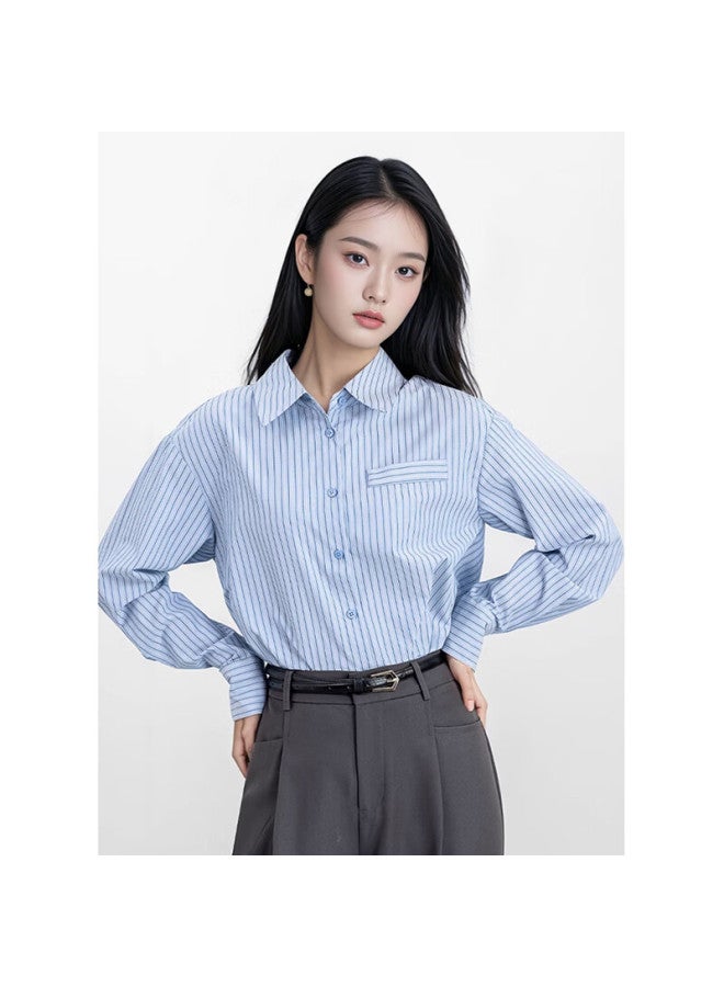 Teluoman Blue Striped Women's Long-sleeve Shirt, Professional Style, New For Fall , Versatile Top For Commuting, Ol Casual Outerwear Blouse - Image 1