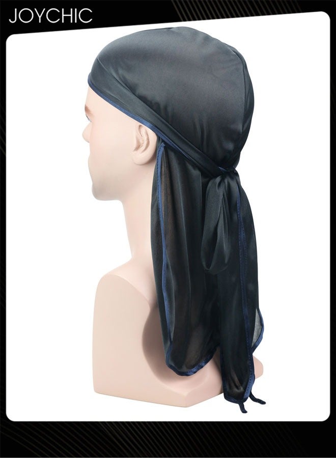Joychic New Style Soild Pattern Silk Durag Satin for Men Pirate Caps Long Tail Decoration Head Wrap Elastic Beanie Hats Waves Hijab for Outdoor Sports  - Image 2