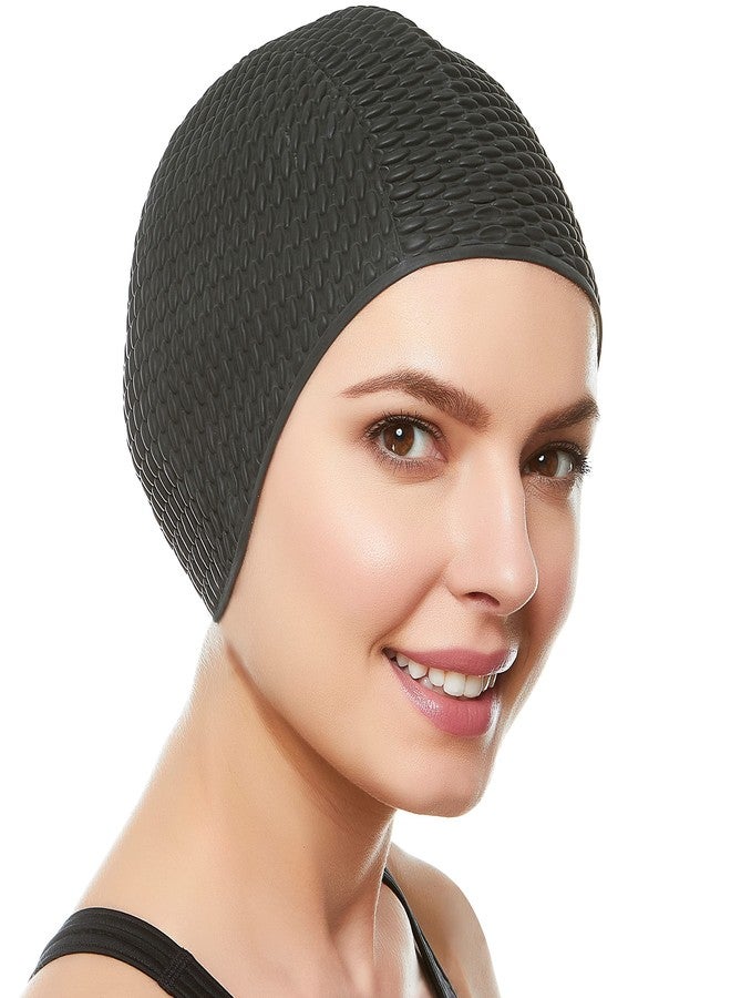 Beemo Latex With Embossed Flower Pattern Ornament Swim Bathing Cap - Black - Image 1