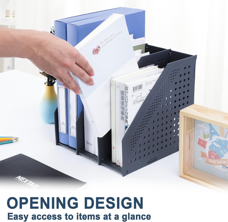 FRETONBA Collapsible Magazine File Holder with 3 Vertical Compartments Foldable Binder Holder for Desk Binder Storage Organizer Plastic Magazine Holders for Shelf, Dark Gray - Image 2