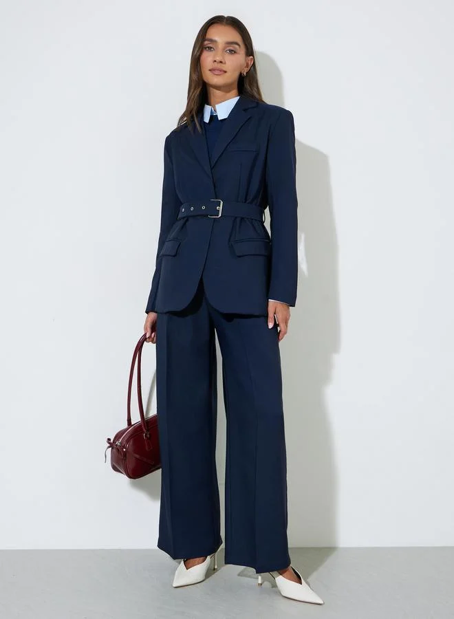 Styli Navy Blue Solid Belted Regular Fit Blazer