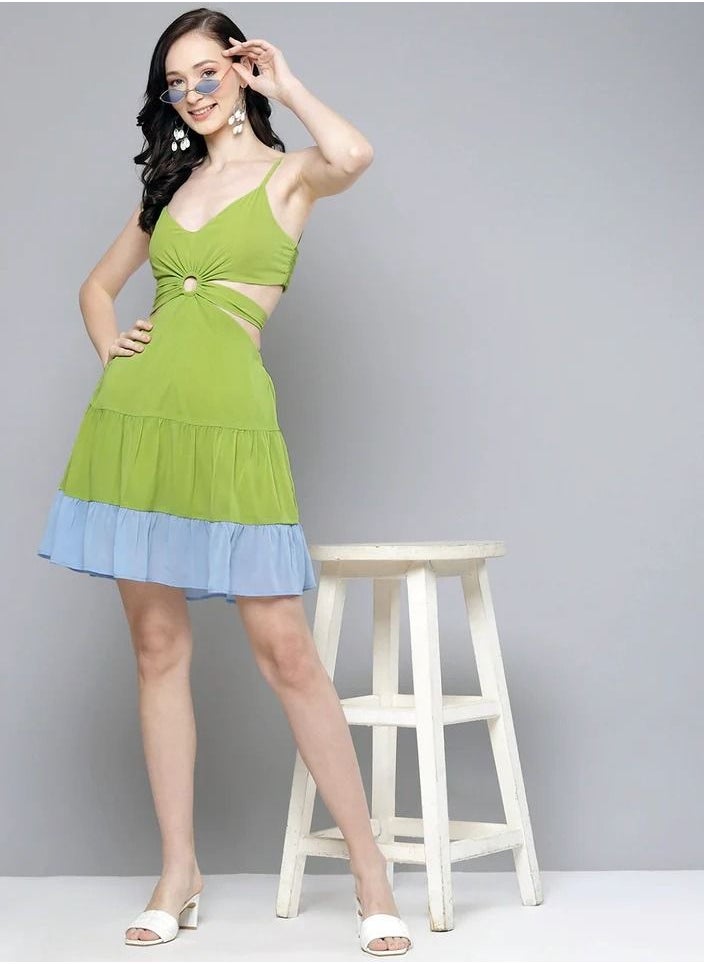 SASSAFRAS - WOMEN BLUE & LIME GREEN SIDE CUT-OUT SHORT DRESS - Image 1