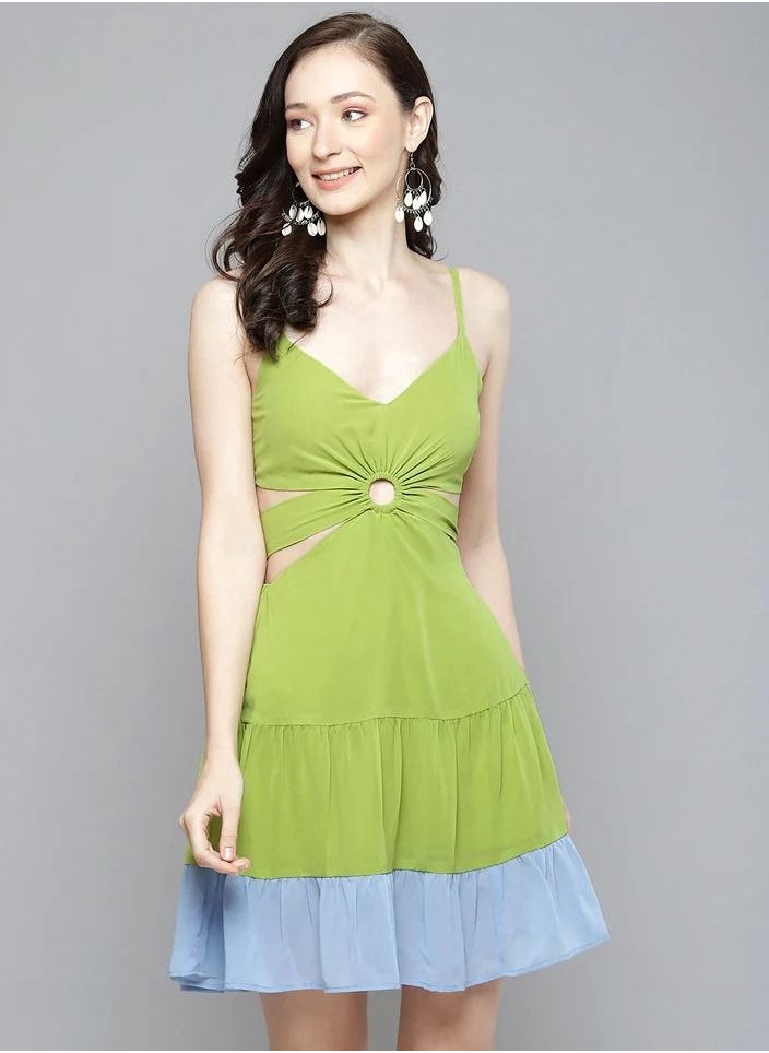 SASSAFRAS - WOMEN BLUE & LIME GREEN SIDE CUT-OUT SHORT DRESS - Image 1