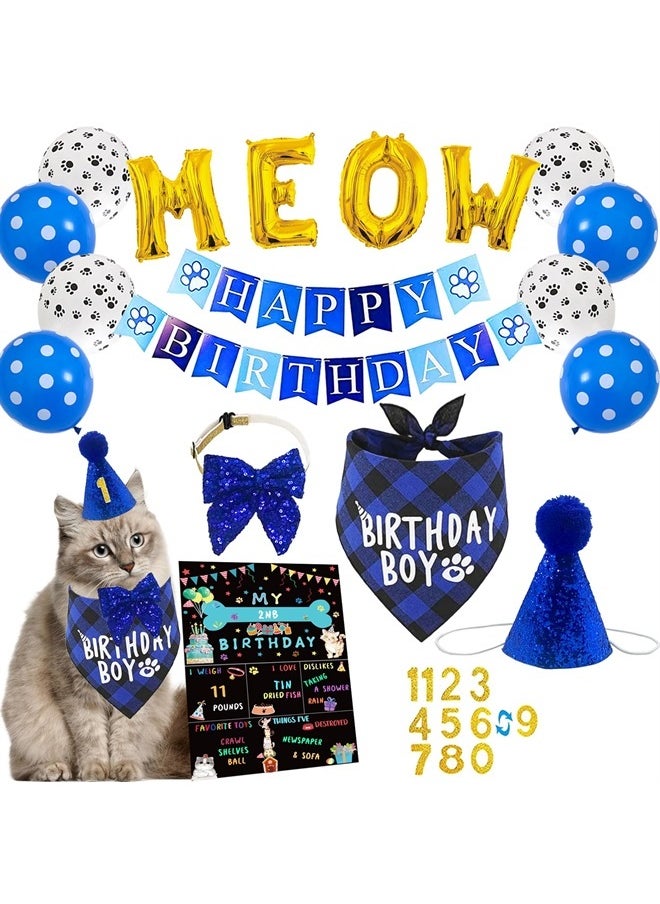 duludulu - Cat Birthday Party Supplies Cat Kitten Birthday Bandanas Party Hat Boy with Cat Birthday Banner Balloons Meow Letter Foil Balloons for Boy Cat Kitten Birthday Decorations - Image 1