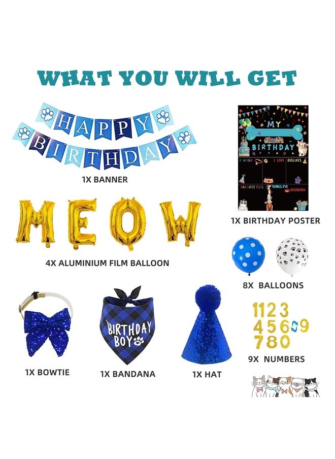 duludulu - Cat Birthday Party Supplies Cat Kitten Birthday Bandanas Party Hat Boy with Cat Birthday Banner Balloons Meow Letter Foil Balloons for Boy Cat Kitten Birthday Decorations - Image 1