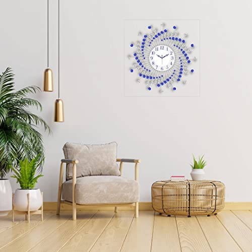 CHRONIKLE Beautiful Crystal Analog Floral Design Round Diamond Studded Metal Wall Clock for Living Room Home Decor Office Gifts (Size: 60 x 5 x 60 CM | Color: Blue & White | Weight: 1460 Gram) - Image 2