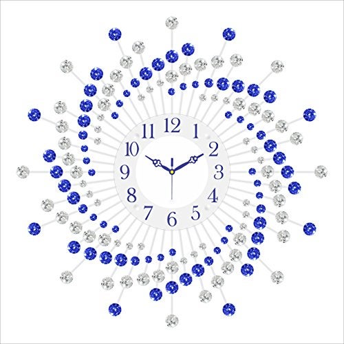 CHRONIKLE Beautiful Crystal Analog Floral Design Round Diamond Studded Metal Wall Clock for Living Room Home Decor Office Gifts (Size: 60 x 5 x 60 CM | Color: Blue & White | Weight: 1460 Gram) - Image 1