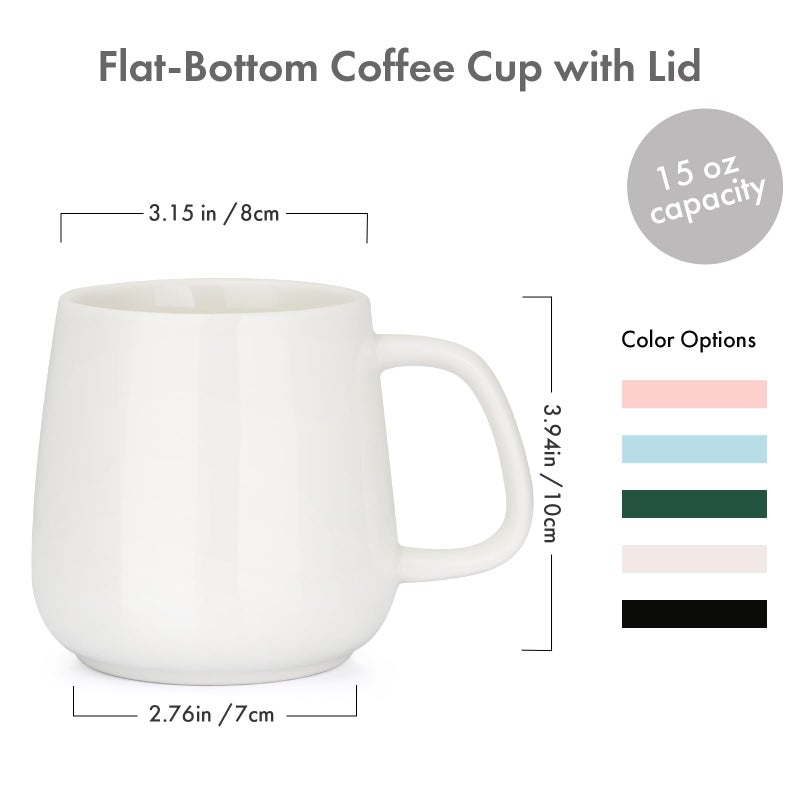 VOBAGA 15oz Ceramic Coffee Mug with Lid and Flat-Bottom, Morning Coffee Mug for Daily Use Warming Coffee & Tea (White) - Image 3