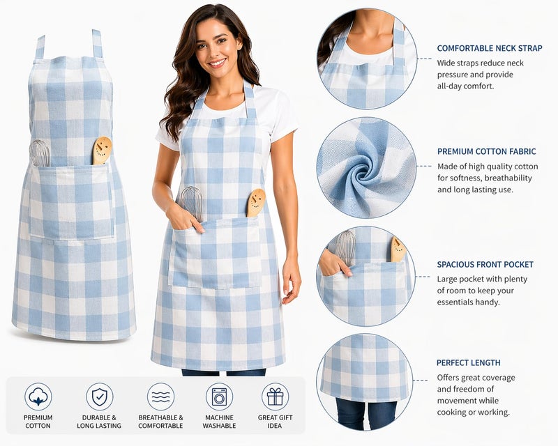 PIXEL HOME DECOR© New Cotton Kitchen Apron which has Ties With Centre Pocket with Strong and durable Cotton Ice Blue - Image 2