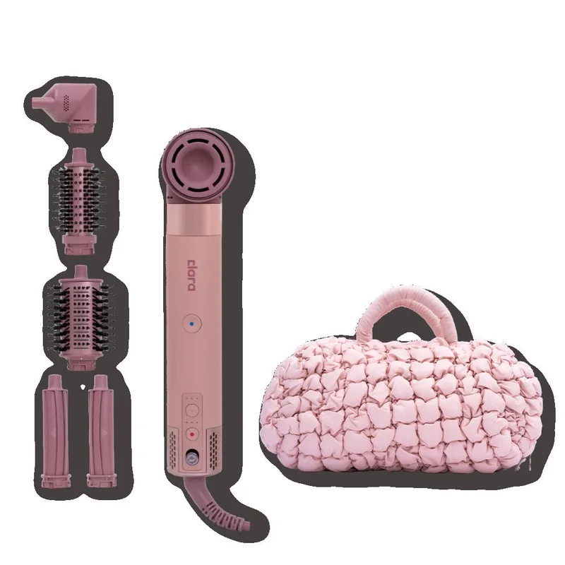 CLARA The All-in-One Pink Styling Bundle – CLARA Pink 6-in-1 Ionic Multi Styler with Auto-Wrap Curlers, Blow Dryer, Round & Oval Brushes & Pink Quilted Hair Tool Storage Bag