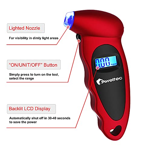 AWELTEC Digital Tire Pressure Gauge 2 Pack - 150 PSI, 4 Settings, Tire Gauge for Car, Truck, Motorcycle, Bicycle with Backlit LCD and Non-Slip Grip (Red) - Image 5
