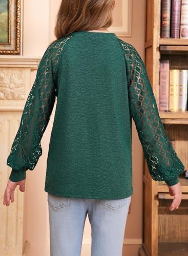 blibean Girls Fall Blouse Semi Formal Lace Loose Long Sleeve Tops Tween Kids Elengant Dressy Tee Shirts Western Solid Party Outfits Clothes Size 6-7 Years Old Green - Image 2