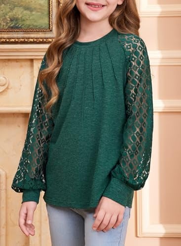 blibean Girls Fall Blouse Semi Formal Lace Loose Long Sleeve Tops Tween Kids Elengant Dressy Tee Shirts Western Solid Party Outfits Clothes Size 6-7 Years Old Green - Image 4