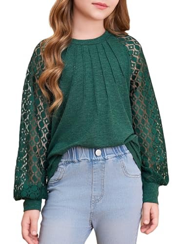 blibean Girls Fall Blouse Semi Formal Lace Loose Long Sleeve Tops Tween Kids Elengant Dressy Tee Shirts Western Solid Party Outfits Clothes Size 6-7 Years Old Green - Image 1