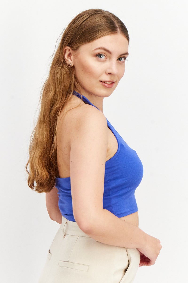 Sinsay Women Halter Neck Sleeveless Plain Crop Tops, Blue - Image 2