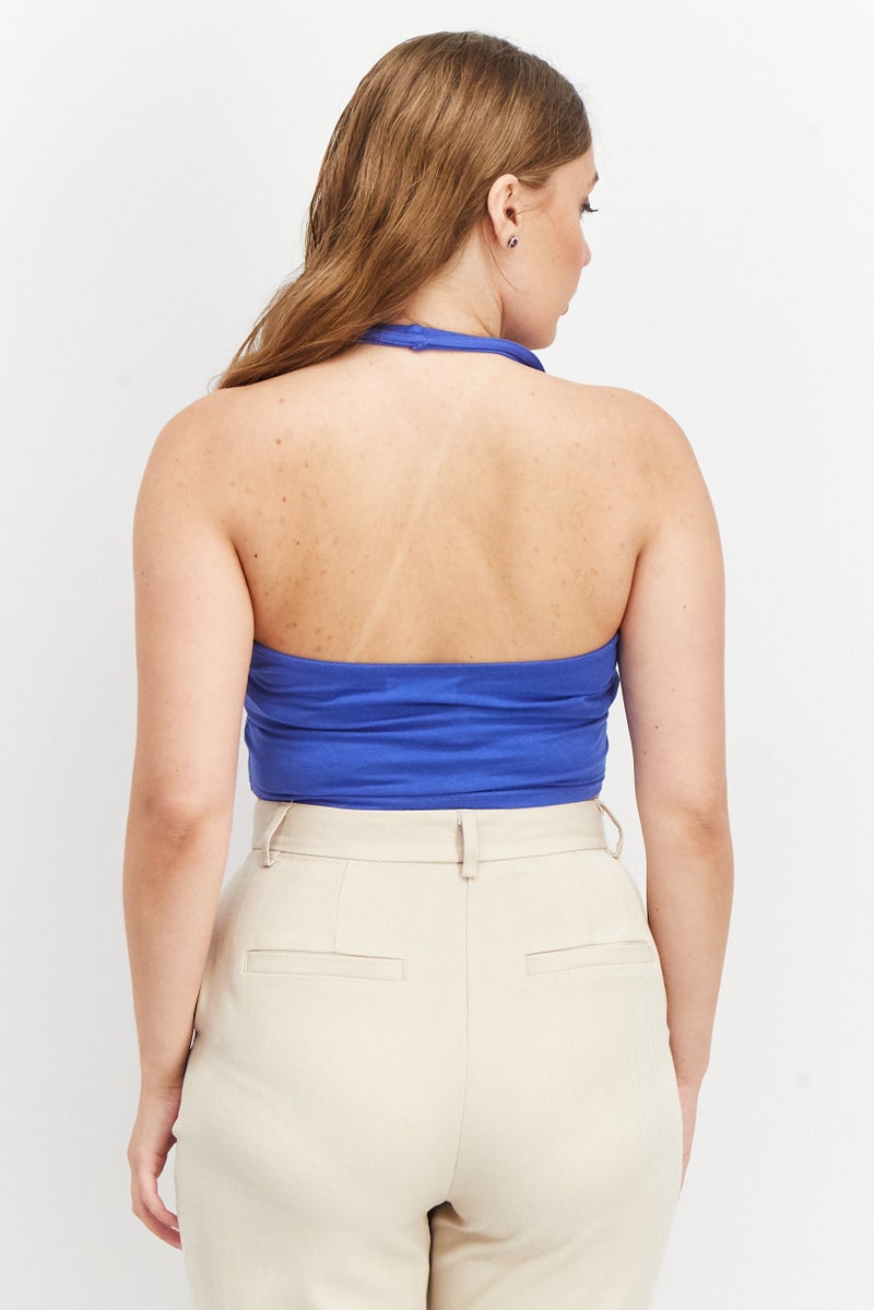 Sinsay Women Halter Neck Sleeveless Plain Crop Tops, Blue - Image 3