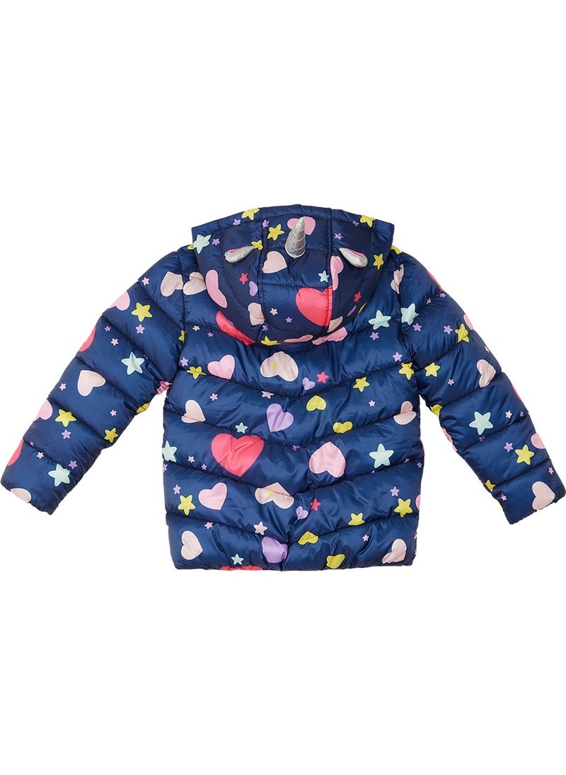 Denokids Unicorn Girl Water Repellent Hooded Navy Blue Coat  - Image 5