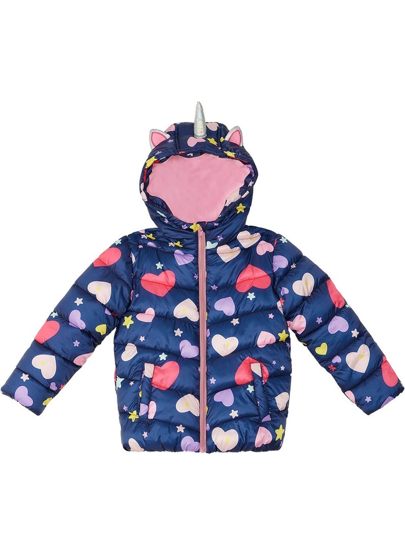 Denokids Unicorn Girl Water Repellent Hooded Navy Blue Coat  - Image 4