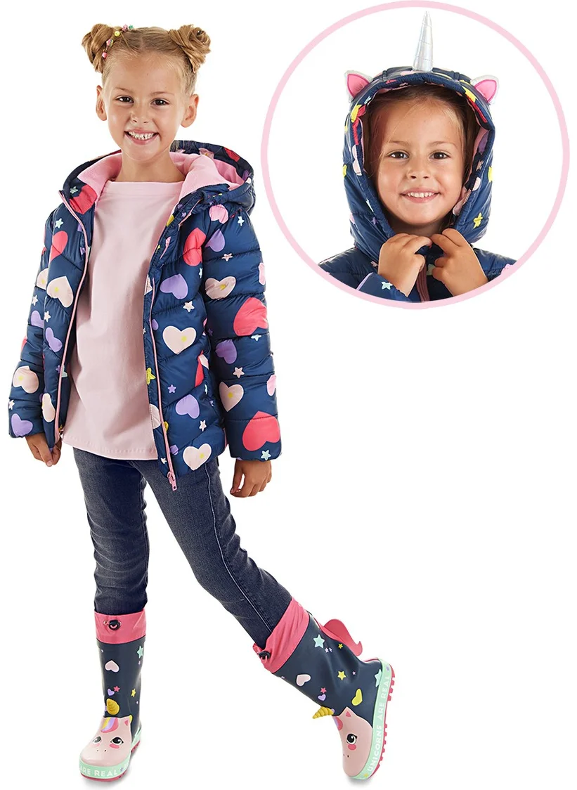 دينوكيدس Unicorn Girl Water Repellent Hooded Navy Blue Coat
