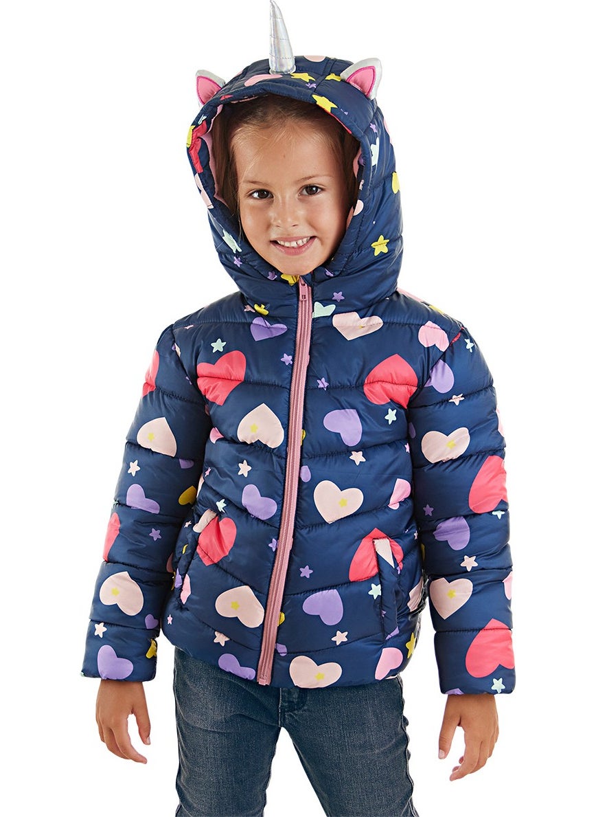 Denokids Unicorn Girl Water Repellent Hooded Navy Blue Coat  - Image 3
